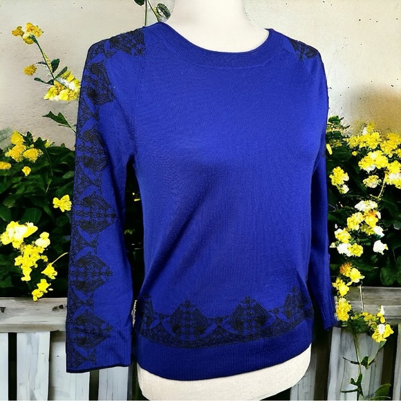 J. Crew Sweaters - J. Crew 100% Merino Wool Royal Blue Long Sleeve Black Embroidered Sweater XXS